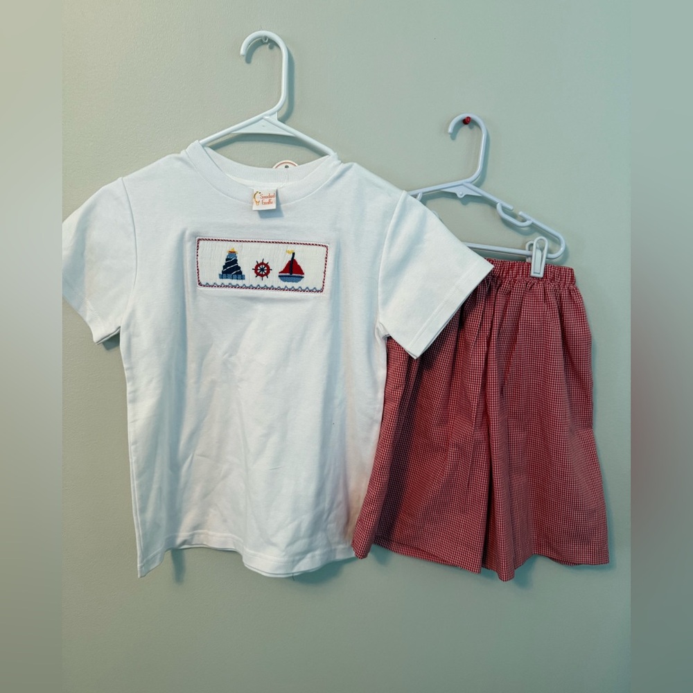 Smocked Giraffe Smocked Sailboat Shirt with Red Shorts